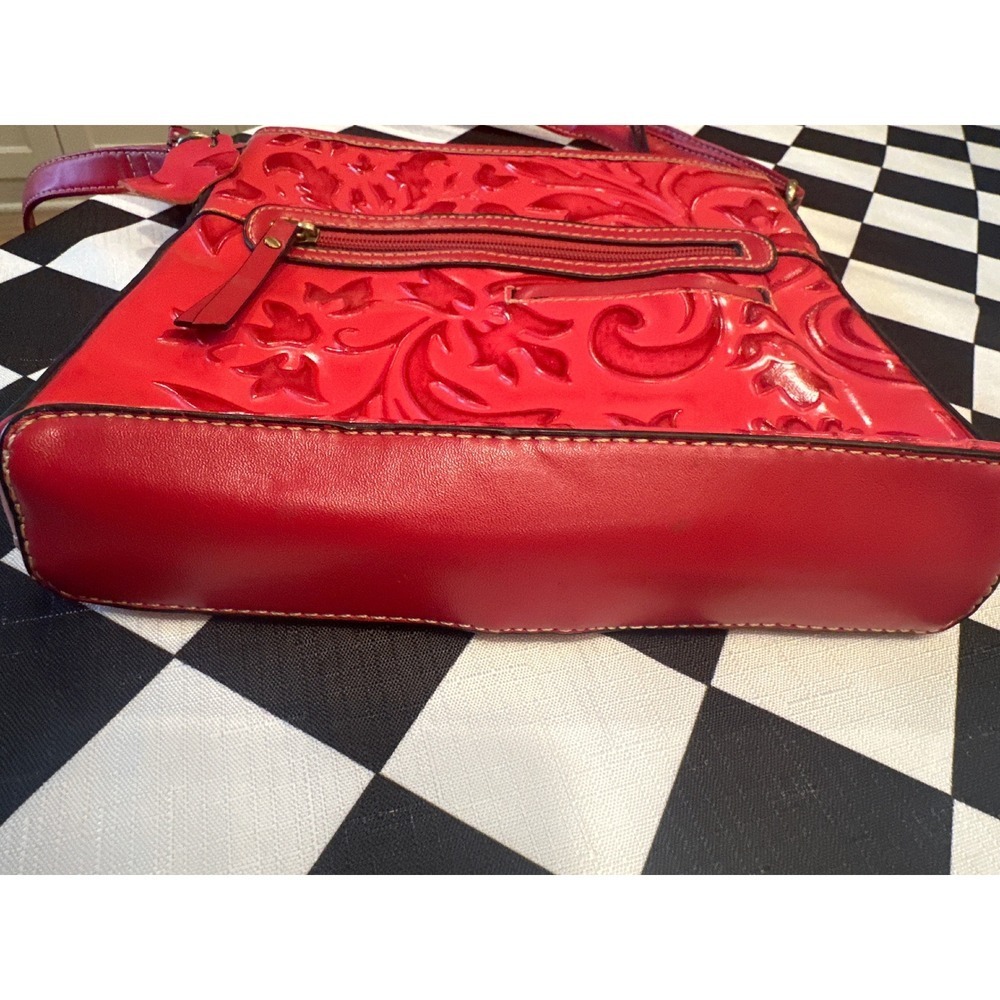 Leather hand tooled MC Embossed Floral Crossbody Purse Women Adjustable Strap - Picture 7 of 7